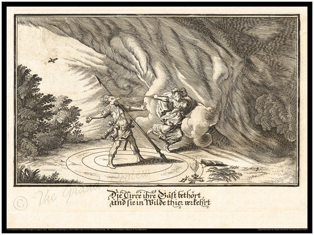 Classical Print - Ovidii Metamorphosis - 1641 Old German Edition - Companions of Ulysses changed into pigs by Circe.