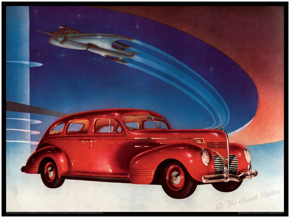 RADEBAUGH - Vintage Mid Century Futurism Print - Legendary Futurist Imagineer Arthur Radebaugh - Atomic Car - Space Age Test Track