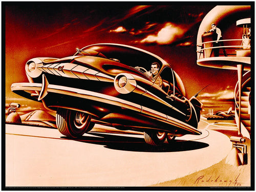 RADEBAUGH - Vintage Mid Century Futurism Print - Legendary Futurist Imagineer Arthur Radebaugh - Atomic Car - Space Age Test Track