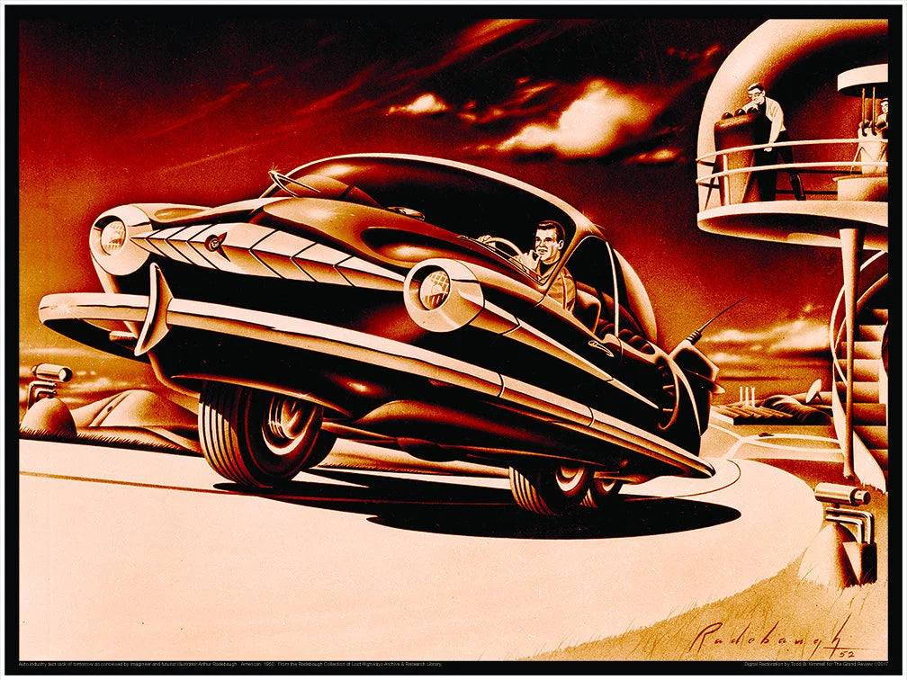 RADEBAUGH - Vintage Mid Century Futurism Print - Legendary Futurist Imagineer Arthur Radebaugh - Atomic Car - Space Age Test Track