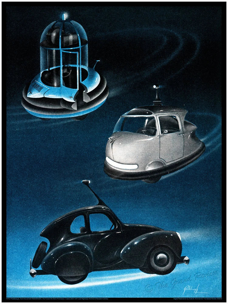 RADEBAUGH - Handsome Vintage Print - Futuristic Small Cars - Yesterday's Future, Ready TODAY!!!  Little Car Show, Buckminster Fuller Style!