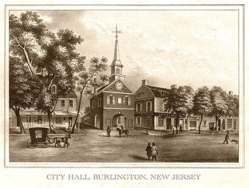 Antique New Jersey Print - Burlington NJ, City Hall and The Underground Railroad In New Jersey.  Oldest Pharmacy in the United States.