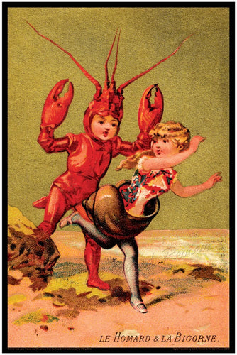 Antique French Print - Lobster Boy Meets Escargot Girl - Hard Shell Furries - Young Love a la Plage - Down The Shore