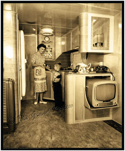 Vintage Trailer Print - 1950s Schult Mobile Home Interior - Classic Trailer Park Living - Streamline Modern Birch - 50s Vintage Portable TV
