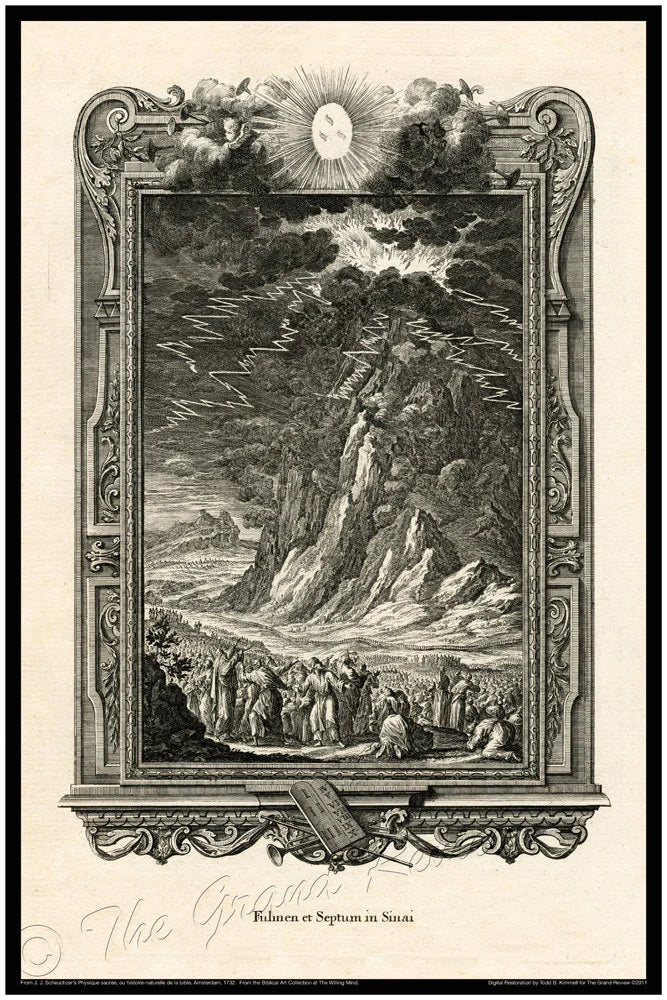 Moses Receives The Ten Commandments - Mount Sinai - Biblical Print - Scheuchzer - Physica Sacra 1731-1735 - Classical Latin Version
