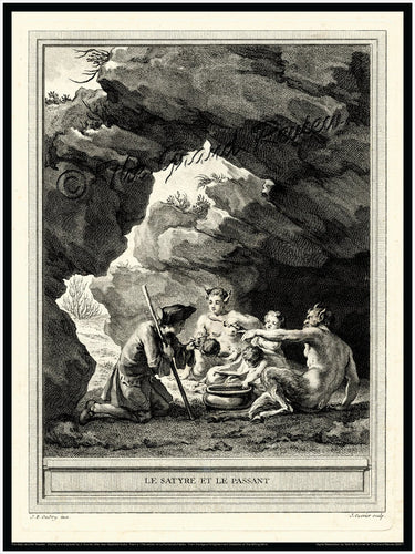 Satyr Family Print - 1755 - La Fontaine's Fables - Pre Revolution France - French Literature - Classical Nudes - Tricorn Hat
