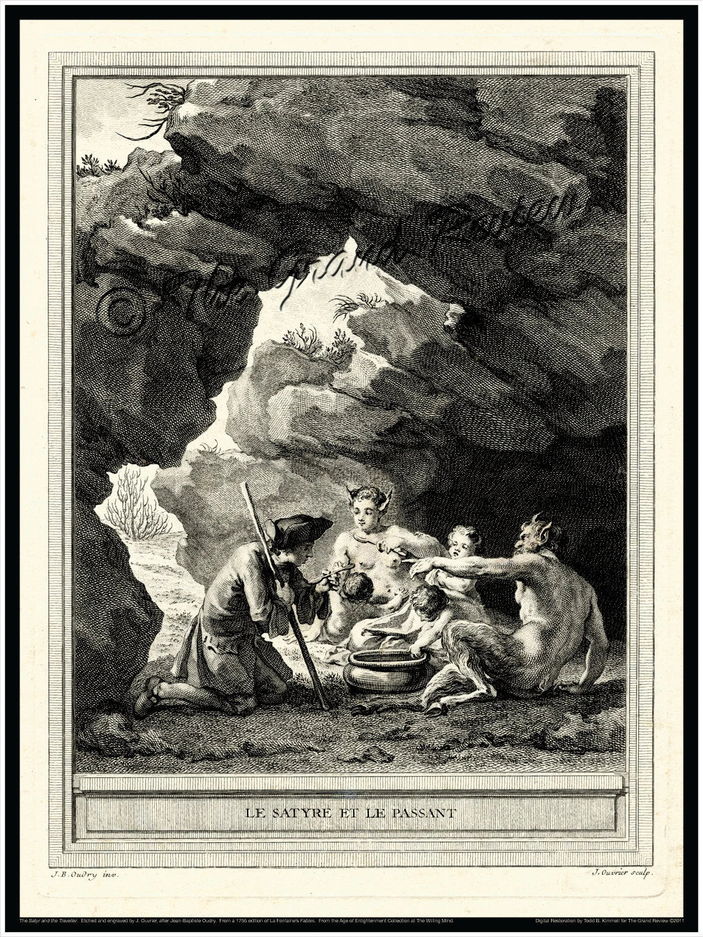 Satyr Family Print - 1755 - La Fontaine's Fables - Pre Revolution France - French Literature - Classical Nudes - Tricorn Hat