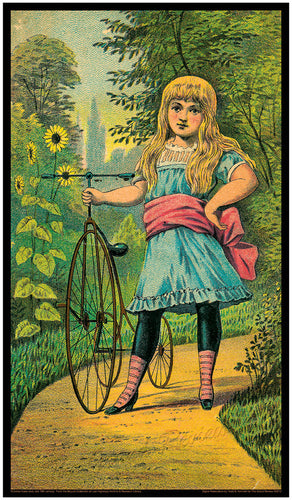 Antique Bicycle - Vintage Bike Print - Young Girl - Very Early Steel Framed Trike