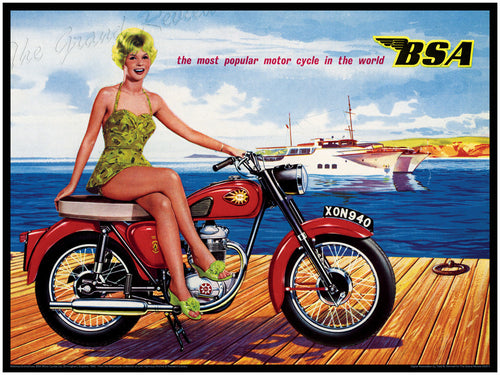 Vintage BSA Motorcycle Print - British Bikes - 1959 1960 - SUPERMARIONATION Double Hull Mega Catamaran