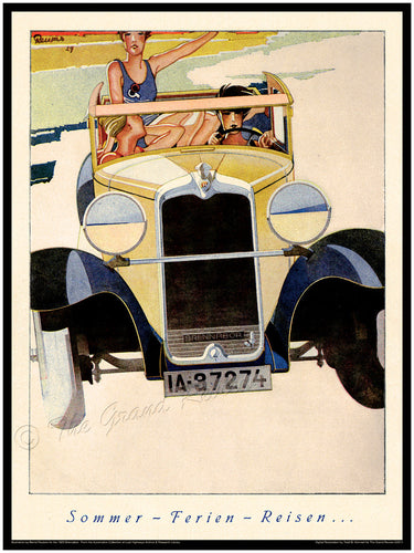 Antique Car Print - German Girls At The Beach In Their 1929 Brennabor