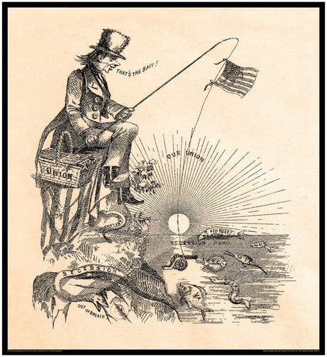 Civil War print - Uncle Sam as fisherman - from the exhibit ZOUAVES, DEVILS & SASS at The Grand Review