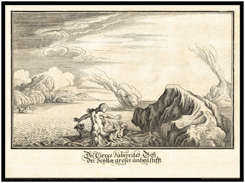 Classical Print - Ovidii Metamorphosis - 1641 Old German Edition - Scylla changed into a sea monster by the poisons of Circe - Not Cerberus