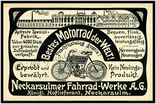 German Motorcycles Print - Amazing 1904 NSU Art Nouveau Meets Steam Punk Image - Neckarsulmer Fahrrad-Werke A G