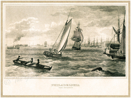 Antique Philadelphia Print - View of Philadelphia from Kensington on the Delaware River - 1828 - Federal Period Sailboats - Early Steamboat