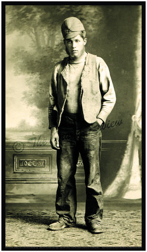 American Working Man Fashion Print - 1900-1910 Vintage Antique Levi Jeans - Levis - Earliest Stormy Kromer Cap