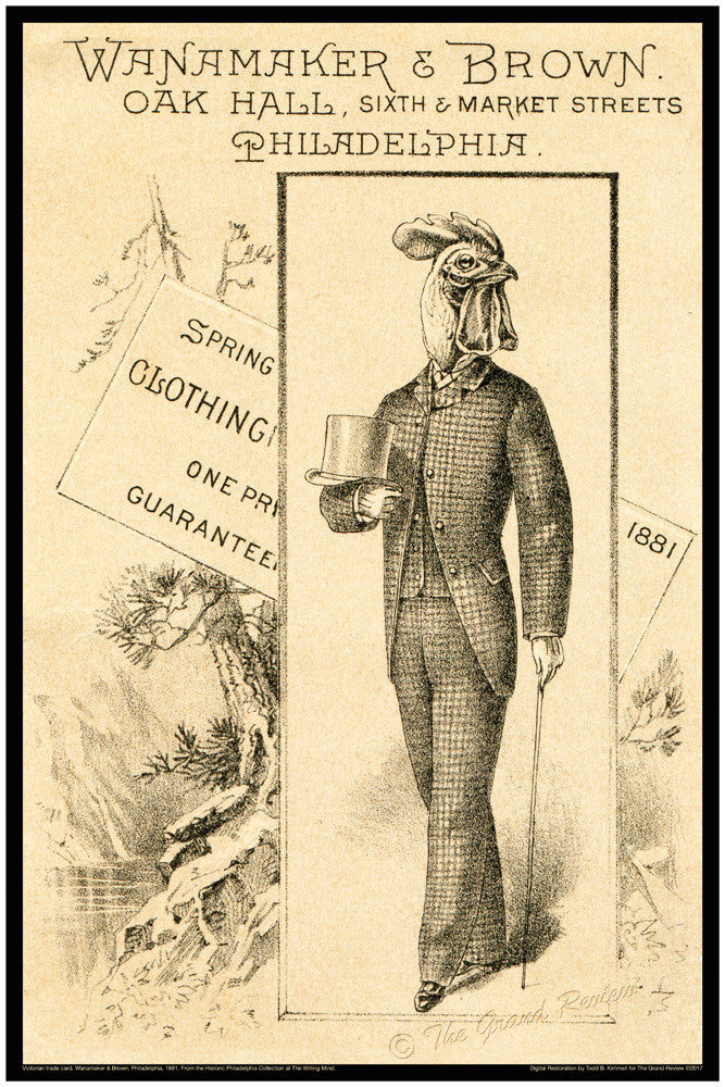 Vintage Philadelphia Print - WANAMAKER'S Gentleman's Clothier 1881 - Rooster Head meets Top Hat!