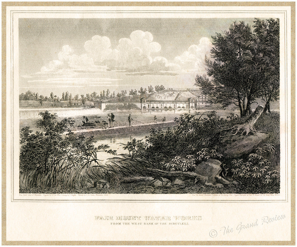 Antique Philadelphia Print - Fair Mount Water Works from across the Schuylkill River - Technological Marvel of the Federal Period